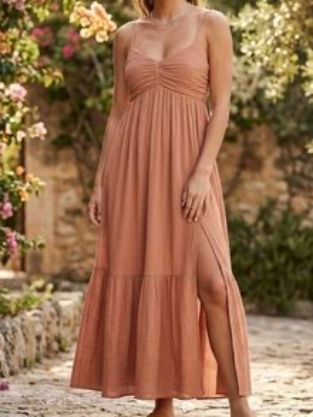 Abercrombie & Fitch Crinkle Maxi Dress Peach Rust Babydoll sz L Tiered side slit